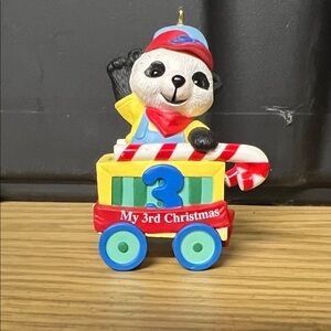 Hallmark Panda Ornament with Candy Cane and Blue Wheels
